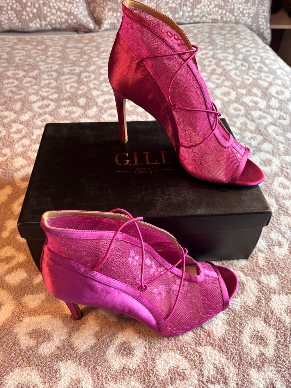 G.I.L.I. Hot Pink Lace Satin Peep-Toe Stiletto Booties